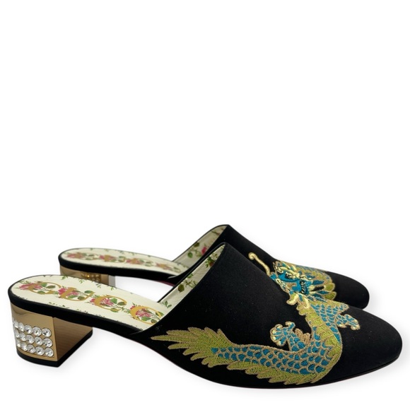 Gucci Embroidered Dragon Satin Mules - Picture 1 of 5